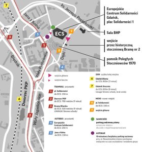zdjęcie przedstawia mapę, gdzie znajduje się ECS, wejście do ECS, razem z przystankami autobusowymi, tramwajowymi i parkingiem
